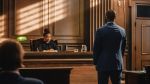 Defendant in proper court attire in front of a judge in a court.